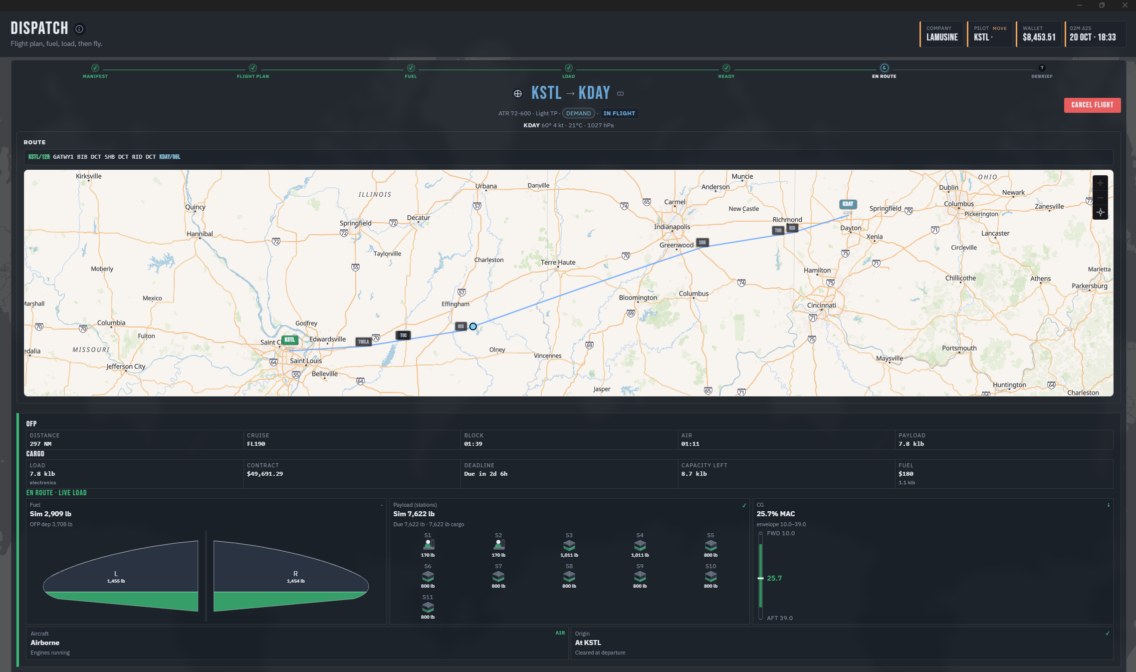 Dispatch en route with live fuel, stations, and CG