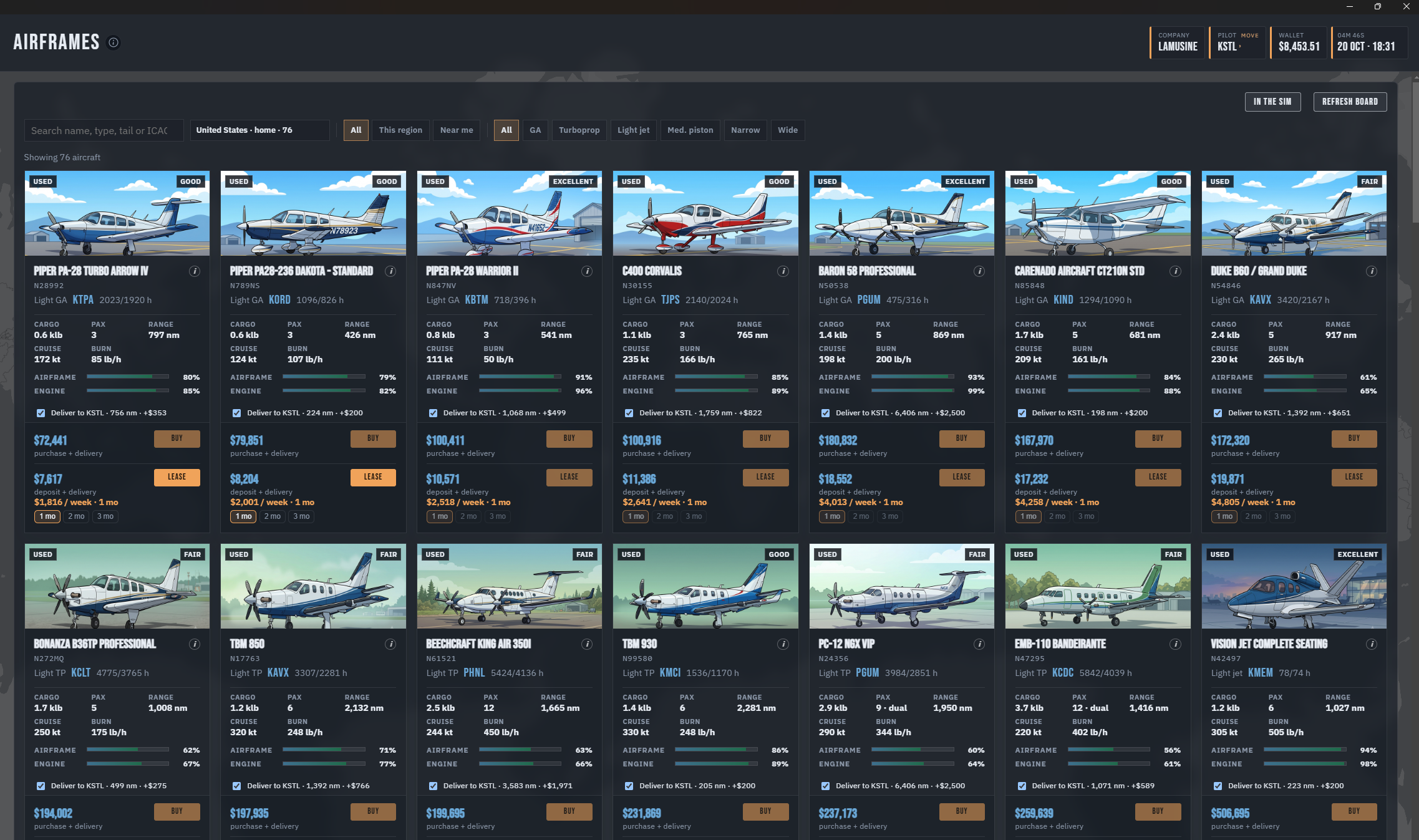 Aircraft market with buy and lease listings