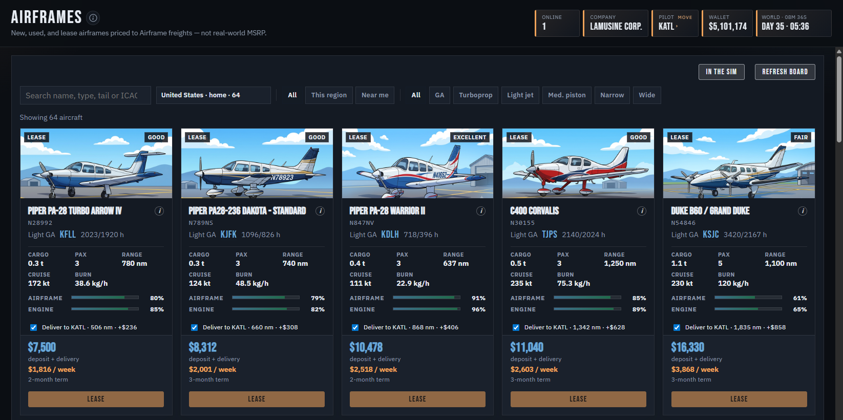 Aircraft Market with lease and buy listings