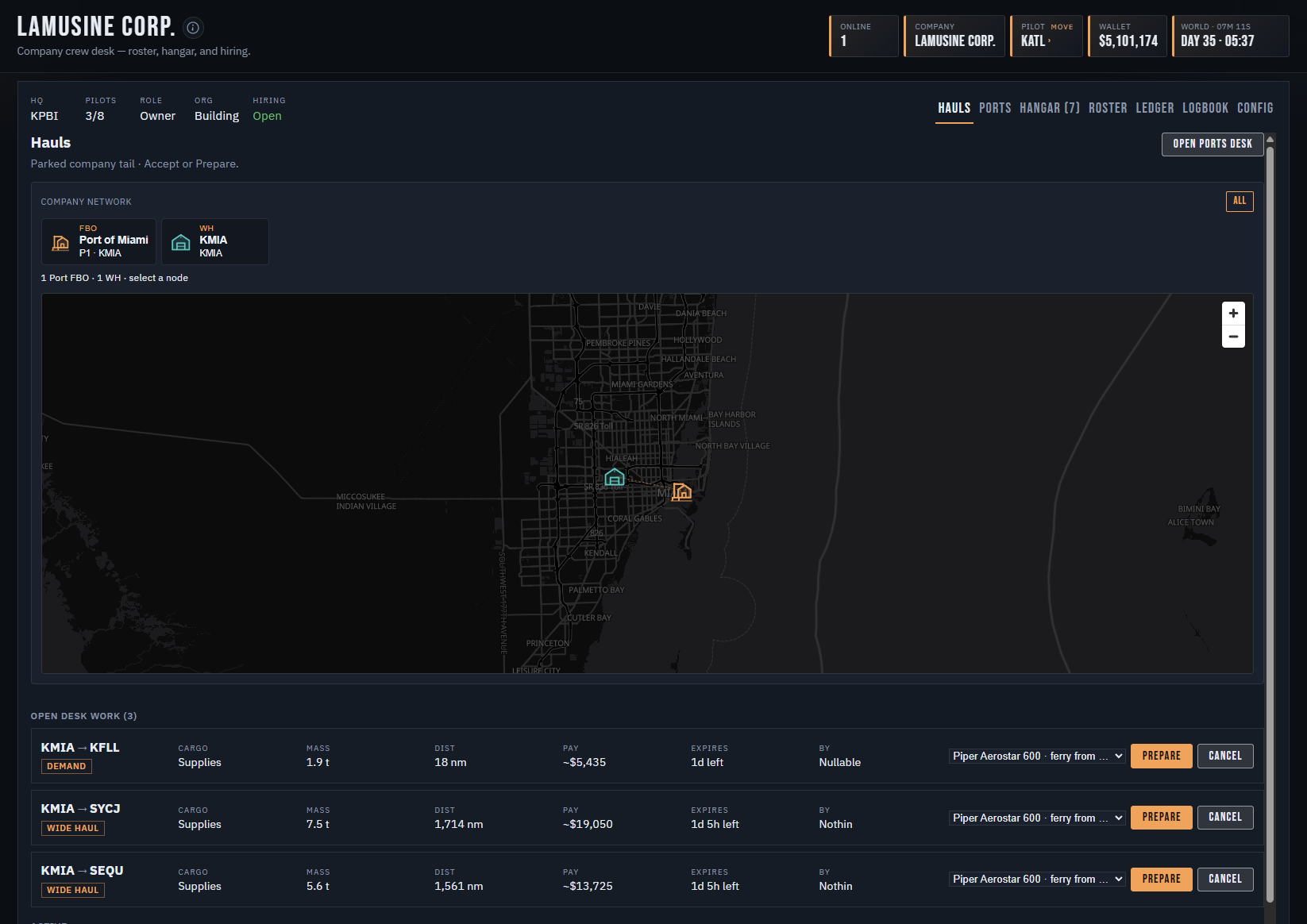 Virtual airline Hauls board and company network